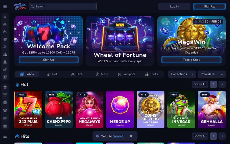7Bit Casino interface showing their 325% welcome bonus and Bitcoin payment options