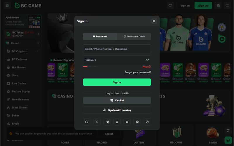 BC.Game casino showing their extensive cryptocurrency support and social features