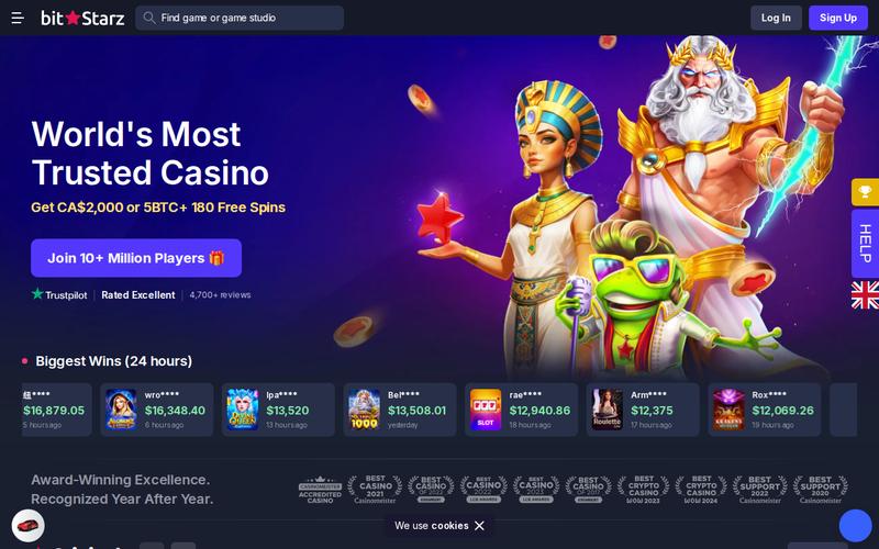 BitStarz Casino showing their 5 BTC welcome package and award-winning support