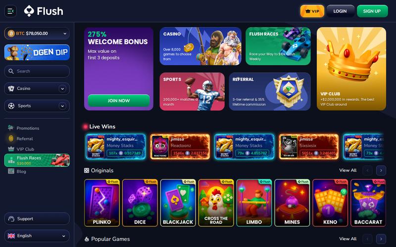 Flush Casino showing their anonymous gaming features and provably fair games