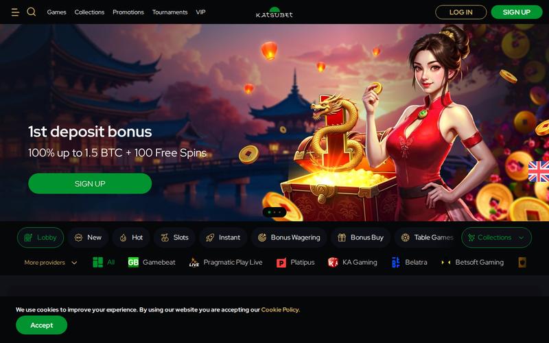 Katsubet Casino showing their 777% welcome bonus and extensive game library