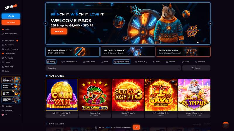 Spinch Casino showing new player interface and latest game releases